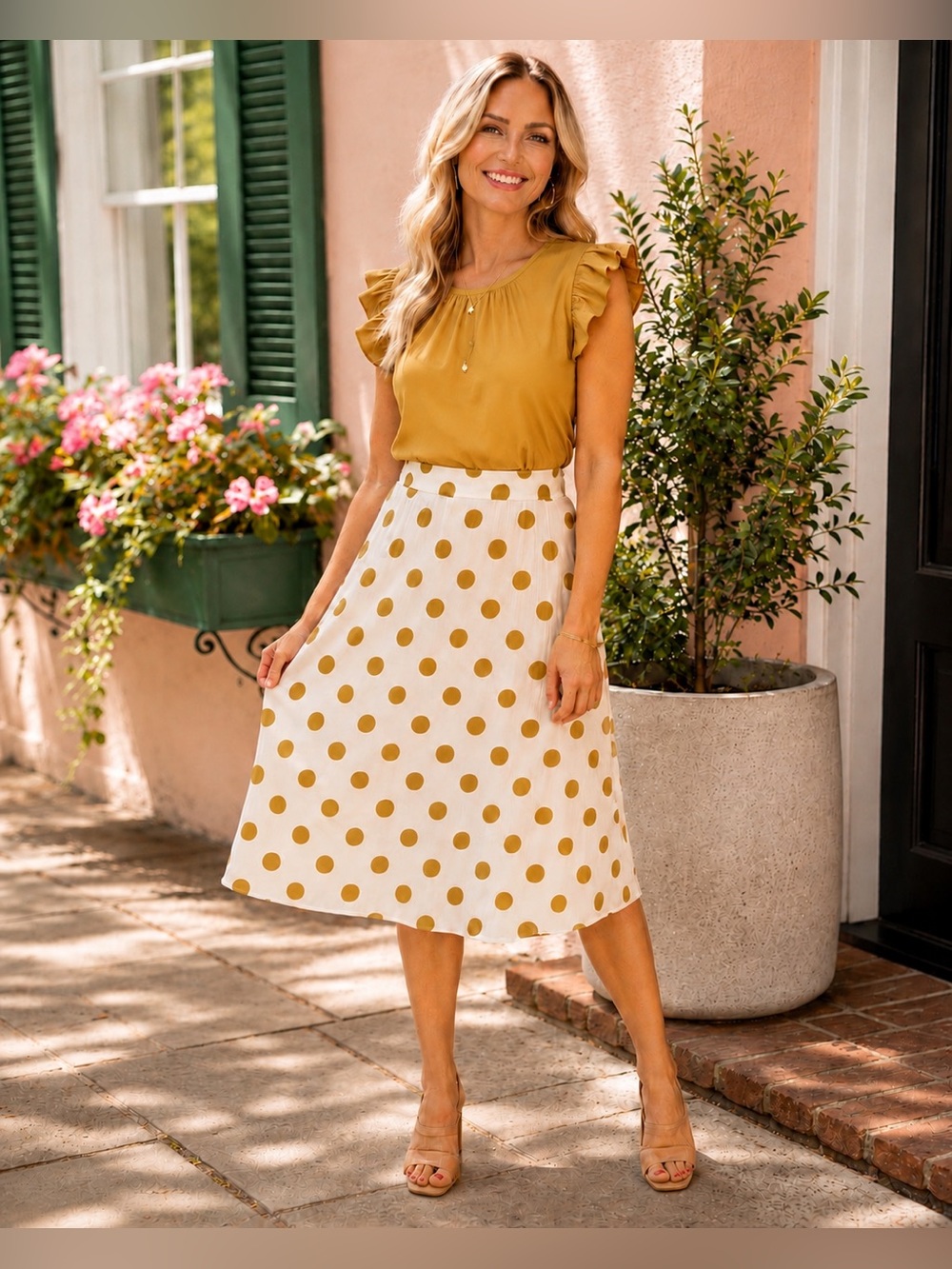 NWT Tulip B Polka Dot Midi Skirt in Cream and Gold Lined Pockets